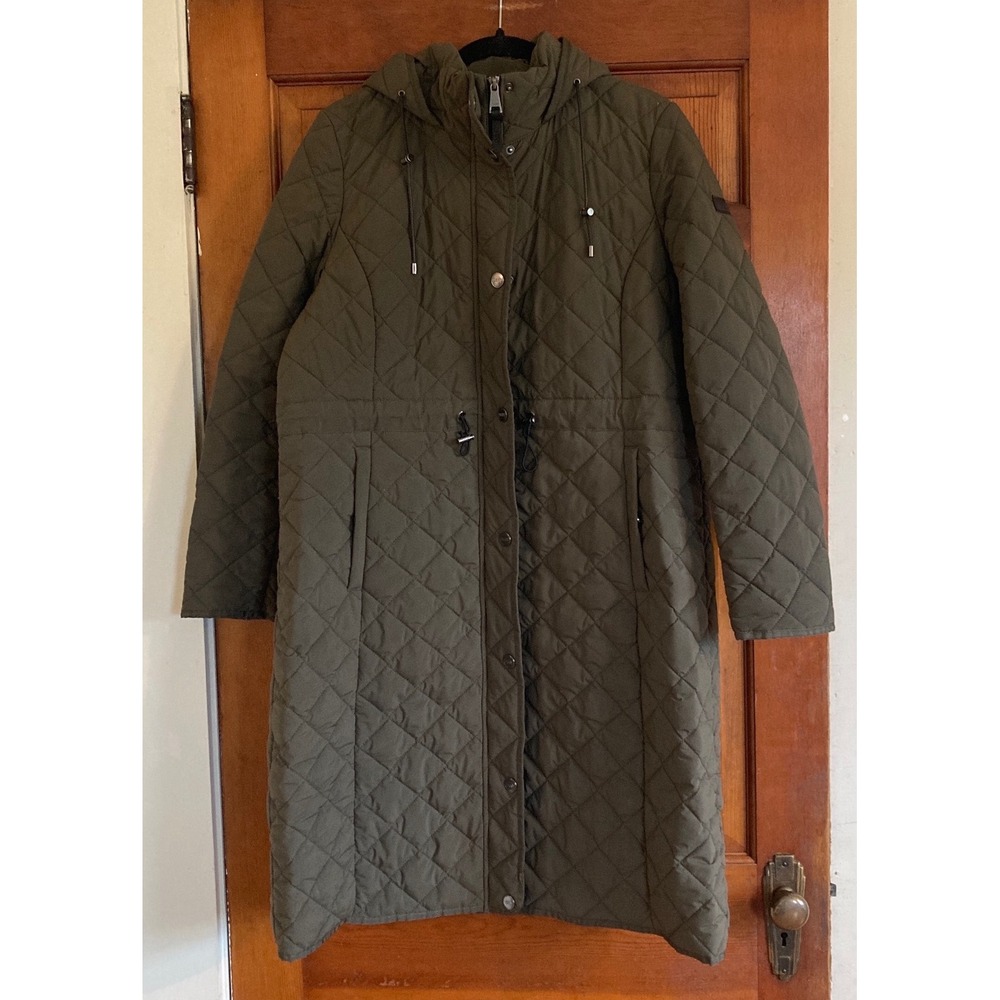 DKNY Womens XL Olive Green Quilted Hooded Longline Parka Jacket Utility Coat